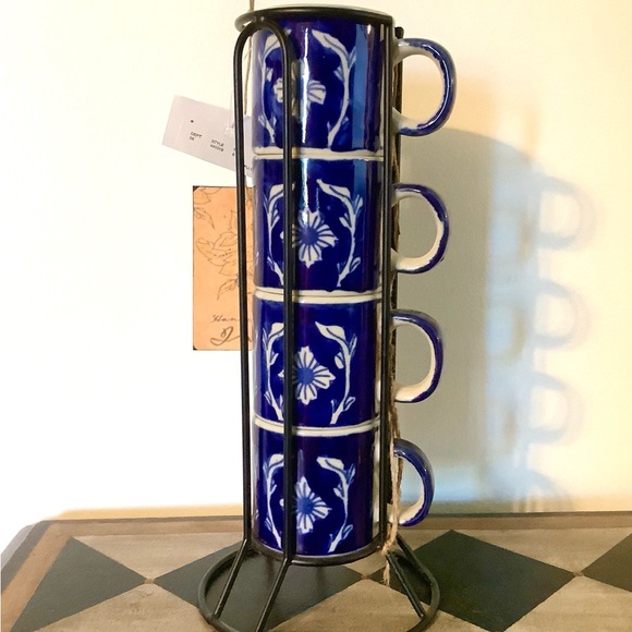 Blue Floral Coffee Mug Set with Stand - Picture 3 of 3